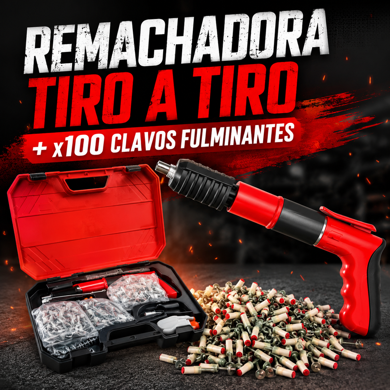 Kit Pistola Manual para Concreto + Gafas de Protección + 100 Clavos Fulminantes
