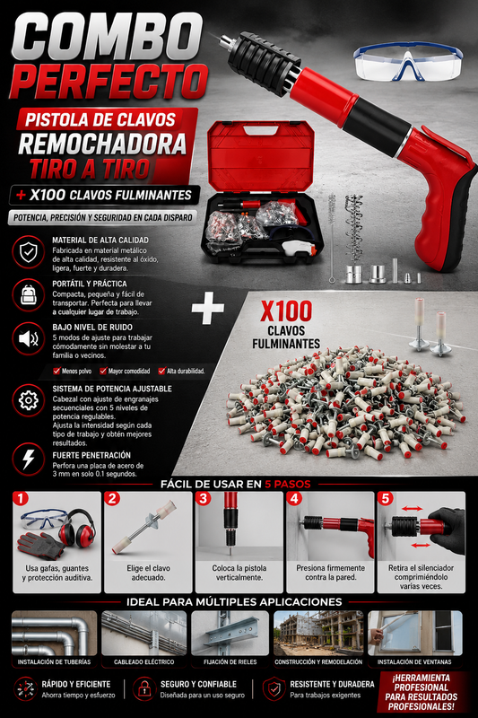 Kit Pistola Manual para Concreto + Gafas de Protección + 100 Clavos Fulminantes